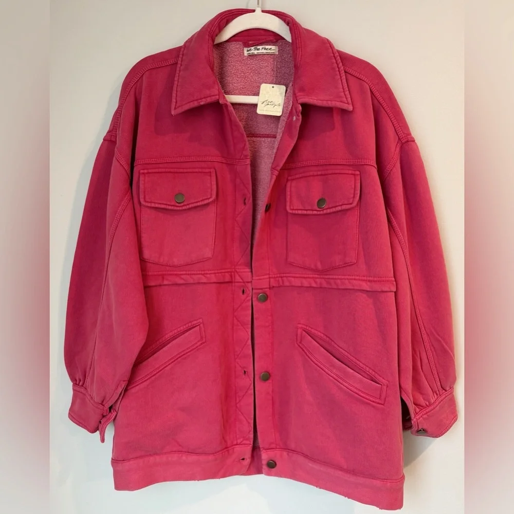 FREE PEOPLE We The Free Dawson Chore Jacket OVERSIZED Pink Painted Roses  XS/S/M